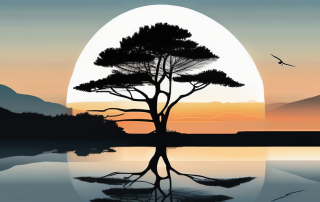 Ruhige Landschaft mit Sonnenuntergang und Baum-Silhouette, Symbol fuer Frieden, Sicherheit und den natuerlichen Lebenszyklus.