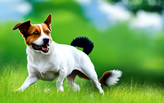 Gluecklicher Hund spielt im gruenen Park, zeigt Vitalitaet und Wohlbefinden.
