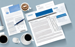Schreibtisch mit Laptop, Versicherungsdokumenten, Taschenrechner und Kaffeetasse zur Optimierung von Versicherungspolicen.