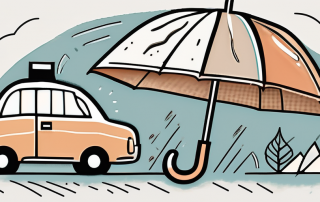 A sturdy umbrella shielding a collection of different life events symbols (like a house