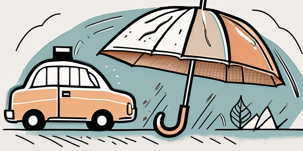 A sturdy umbrella shielding a collection of different life events symbols (like a house