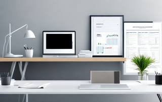 Moderner Arbeitsplatz mit Laptop, Vergleichsdiagramm und ordentlich sortierten Versicherungsdokumenten in professionellem Buero mit natuerlichem Licht.