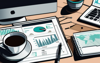 Moderner, gut organisierter Arbeitsplatz mit Computer, der Diagramme anzeigt, Notizblock mit Stichpunkten und Kaffeetasse, symbolisch fuer strategische Planung und Analyse beim Vergleich von Kfz-Versicherungen.