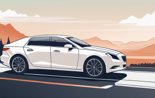 Modernes, elegantes Auto auf sauberer Strasse als Symbol fuer Freiheit und Sicherheit mit perfekter Kfz-Versicherung, ruhige Landschaft im Hintergrund fuer sorgenfreies Fahren.