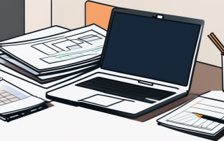 Organisierter Arbeitsplatz mit Laptop, der Diagramme und Checklisten zeigt, neben einem Stapel von Kfz-Versicherungsbroschueren zur einfachen Vergleichung von Autoversicherungsoptionen.