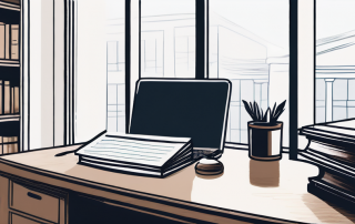 Serene Buero-Umgebung mit ordentlichem Schreibtisch, Rechtsbuechern, Laptop und Blick auf einen friedlichen Innenhof, ideal fuer juristische Versicherungsfragen.