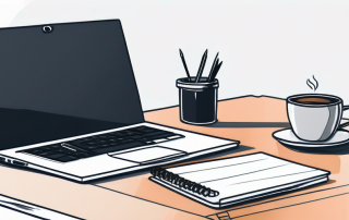 Professionelles, modernes Buero mit elegantem Laptop, Notizblock und Kaffeetasse auf dem Schreibtisch, ideal fuer wichtige Besprechungen oder Meetings.