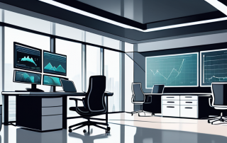 Moderne Bueroeinrichtung mit mehreren digitalen Bildschirmen, die Diagramme und Analysetools fuer Kfz-Versicherungsvergleiche anzeigen, umgeben von High-Tech-Geraeten fuer fundierte finanzielle Entscheidungen.