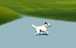 Gluecklicher, gesunder Hund laeuft im grasigen Park, symbolisiert Vorteile einer guten Tierkrankenversicherung mit friedlicher Landschaft und blauem Himmel im Hintergrund.