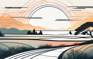 Serene Landschaft mit symbolischem Pfad in den Sonnenuntergang, steht fuer Frieden und Lebensplanung.
