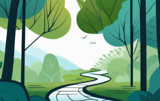 Friedvolle Landschaft mit Pfad in einem gruenen Wald unter klarem blauem Himmel als Metapher fuer Bestattungskostenversicherung.