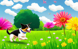 Spielfreudiger Hund rennt durch sonnigen Park mit gruenem Gras und bunten Blumen, Gesundheit und Freude ausstrahlend.