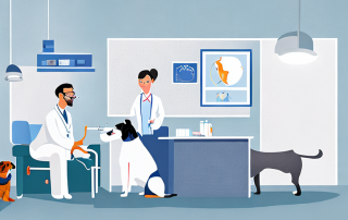 Gluecklicher, gesunder Hund wird in moderner Klinik von liebendem Tierarzt untersucht, symbolisiert Vertrauen und professionelle Tierpflege.