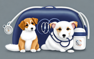 Glueckliches Haustier in sicherer Umgebung mit medizinischen Gegenstaenden wie Stethoskop und Transportboxen, Symbol fuer Gesundheit und Schutz.