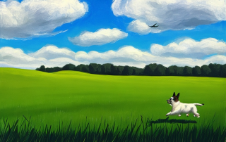 Gluecklicher gesunder Hund rennt in sonniger Wiese mit gruenem Gras und blauem Himmel im Hintergrund.