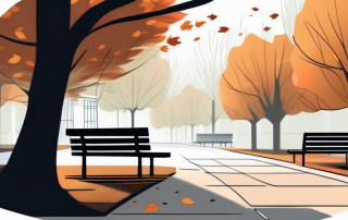 Herbstpark-Szene mit leeren Baenken und gefallenen Blaettern ideal fuer ruhige finanzielle Zukunftsplanung und Sicherheit.