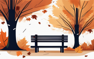 Herbstszene mit fallenden Blaettern und Holzbank unter Baum, symbolisiert Ruhe und Lebenszyklen, relevant fuer Sterbegeldversicherung und Auszahlungsprozesse.