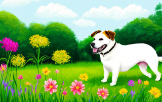 Gluecklicher Hund spielt im Garten vor gruenem Rasen und hellen Blumen.