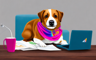 Fröhlicher Hund mit bunter Bandana sitzt gemuetlich auf Sofa neben Broschuere und Laptop, symbolisiert Haustier-Versicherungsoptionen.