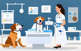 Gluecklicher Hund wird in Klinik vom Tierarzt untersucht, medizinische Ausruestung und Diagramme im Hintergrund, Symbol fuer Hundeversicherung.