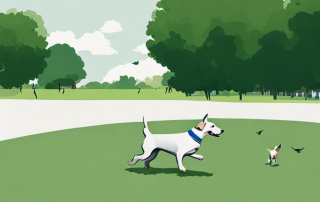 gesunder hund spielt im weitlaeufigen gruenen park, symbolisiert wichtige tierkrankenversicherung