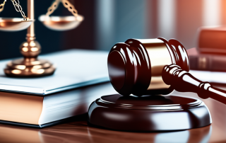 Nahaufnahme von Richterhammer neben Waage der Gerechtigkeit, Symbol fuer rechtliche Sicherheit und Schutz, mit unscharfen juristischen Buechern im Hintergrund zur Betonung der Zuverlaessigkeit von Rechtschutzversicherern.
