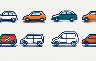 Verschiedene Symbole fuer Autoversicherungsoptionen mit Pfeilen und Checkboxen fuer Vergleich und Auswahl, inklusive Fahrzeugtypen und Schutzschild-Icons.