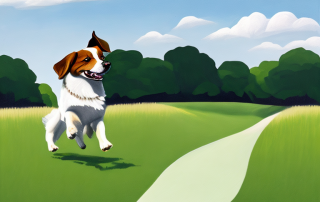 Gluecklicher Hund rennt durch gruenen sonnigen Park, vitalitaet und wohlbefinden symbolisierend.