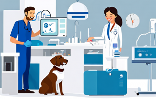 Gluecklicher, gesunder Hund wird von einem freundlichen Tieraerzt in einer sauberen Klinik mit medizinischem Geraet untersucht.