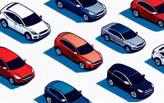 Bild von verschiedenen Automodellen in ansprechender Anordnung mit Diagrammen und Symbolen zu Versicherungsbedingungen und -vorteilen, betont Vergleich und Auswahl.