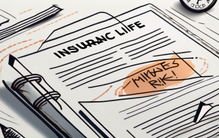 A broken life insurance policy document with pitfalls like traps and obstacles around it