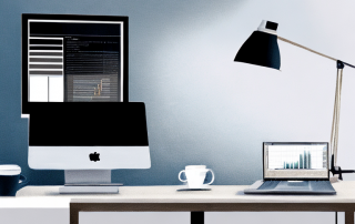 Buero mit Schreibtisch, Laptop mit Vergleichsdiagrammen und Kaffeetasse, symbolisiert Versicherungsvergleiche.