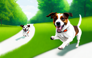 Gluecklicher Hund im gruener Park, symbolisiert Seelenfrieden durch beste Hundeversicherung, Stethoskop und Versicherungsdokumente im Hintergrund.