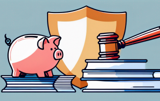 Symbole fuer rechtlichen Schutz wie Schild, Gerichtshammer und Dokumente um ein Sparschwein fuer finanzielle Sicherheit.