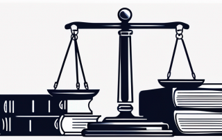 Organisierter Arbeitsplatz mit juristischen Dokumenten, Richterhammer und Symbolwaage der Gerechtigkeit, repraesentiert zuverlaessige rechtliche Versicherungsdienste.