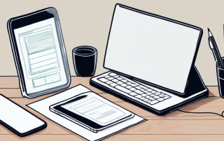 Organisierter Schreibtisch mit modernem Smartphone, rechtlichen Dokumenten und digitalem Tablet, das ein Kontaktformular anzeigt, fuer effiziente Kontaktaufnahme mit Rechtschutzversicherung.