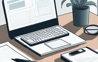 Serene Bueroeinstellung mit ordentlichem Schreibtisch, Rechtsdokumenten, Laptop und Smartphone fuer professionelles Versicherungsmanagement.