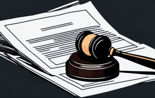 Richterhammer neben einem Stapel juristischer Dokumente vor dunklem Hintergrund, betont Rechtsthemen wie Policy und Compliance.