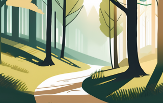 Beruhigende Landschaft mit einem sanften Weg durch einen sonnendurchfluteten Wald, symbolisiert Frieden und Sicherheit sowie Fuehrung und Ruhe im Alter.