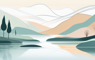 Ruhige Flusslandschaft symbolisiert Frieden und Lebensfluss, sanfte Farben foerdern Gelassenheit und bedachtes Entscheiden.