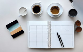 Professioneller, ruhiger Arbeitsplatz mit Laptop, Notizblock und Kaffeetasse, Symbole fuer Fokus und effiziente Planung.