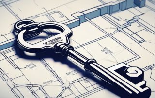 Schluessel auf detailliertem Architekturplan mit Richterhammer, symbolisiert Mieterrechte und rechtlichen Schutz bei Mietvertraegen.