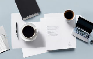 Gut organisierter Schreibtisch mit Laptop, Notizblock und Kaffeetasse fuer produktiven Vergleich von Versicherungsoptionen.