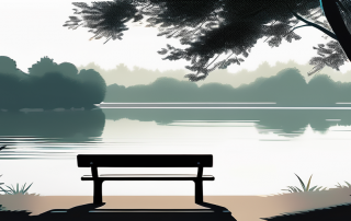 Leere Parkbank mit Blick auf einen ruhigen See, symbolisiert Nachdenklichkeit und Zukunftsplanung, sanftes Sonnenlicht durch Baeume, ruhige Atmosphaere.