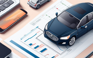 Schreibtisch mit Laptop und Grafiken, Taschenrechner neben Autobroschueren und Modellauto als Symbol fuer Kfz-Versicherungsvergleich.