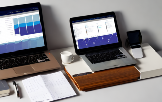 Buerozubehoer auf modernem Schreibtisch mit Laptop, Datencharts und Versicherungsvergleiche.