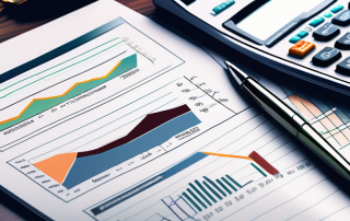 Versicherungspolicen und Finanzdiagramme auf Schreibtisch mit Taschenrechner und Stift, professionelle Finanzplanung, weiches Licht.