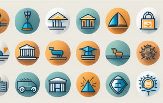 Verschiedene symbolhafte Icons von Versicherungsunternehmen in einzigartigen Farben und simplen Designs vor neutralem Hintergrund zur Darstellung von Auswahl und Vielfalt im Markt.
