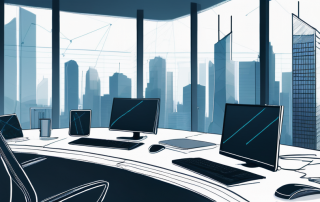 Modernes, minimalistisches Buero mit digitalen Geraeten, die Diagramme und Trends zur Zukunft der Rechtsschutzversicherung zeigen, vor einer Skyline mit Wolkenkratzern, die Wachstum und Entwicklung symbolisieren.