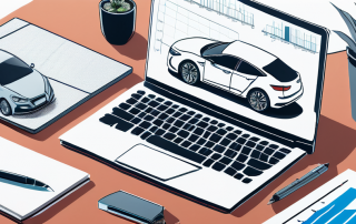 Schreibtisch mit Laptop, Notizblock, Stift und Auto-Modellen fuer Fahrzeugversicherungsvergleich, Datenanalyse auf Bildschirm